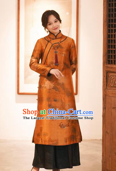China Classical Lotus Pattern Women Long Coat Tang Suit Outer Garment National Orange Silk Dust Coat