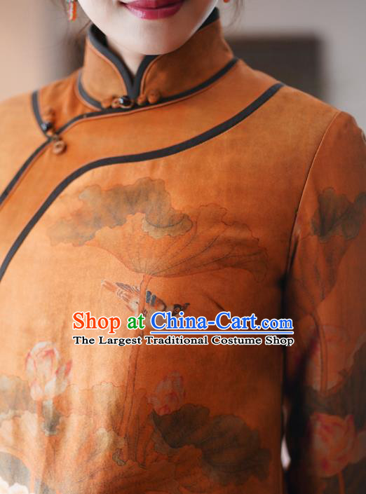 China Classical Lotus Pattern Women Long Coat Tang Suit Outer Garment National Orange Silk Dust Coat