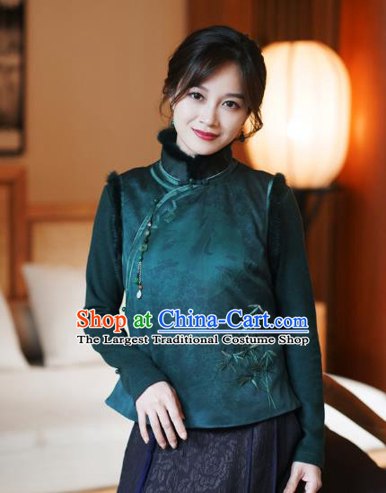 Chinese Classical Embroidered Bamboo Green Silk Vest National Women Tang Suit Waistcoat