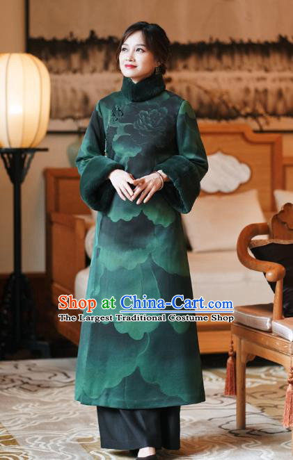 China Tang Suit Cotton Wadded Coat National Green Silk Clothing Classical Women Overcoat