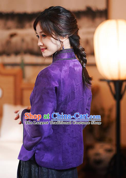 China Classical Peony Butterfly Pattern Purple Silk Jacket Tang Suit Overcoat National Cotton Wadded Coat
