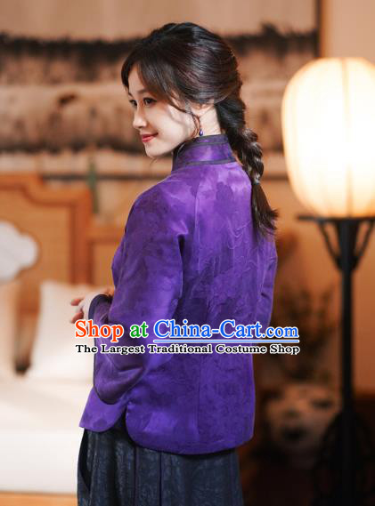 China Classical Peony Butterfly Pattern Purple Silk Jacket Tang Suit Overcoat National Cotton Wadded Coat