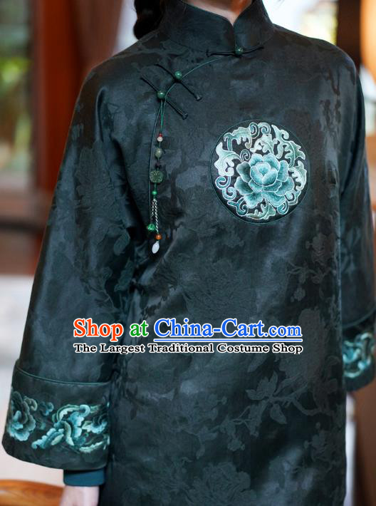 China National Cotton Wadded Coat Classical Embroidered Peony Dark Green Silk Gown Tang Suit Overcoat