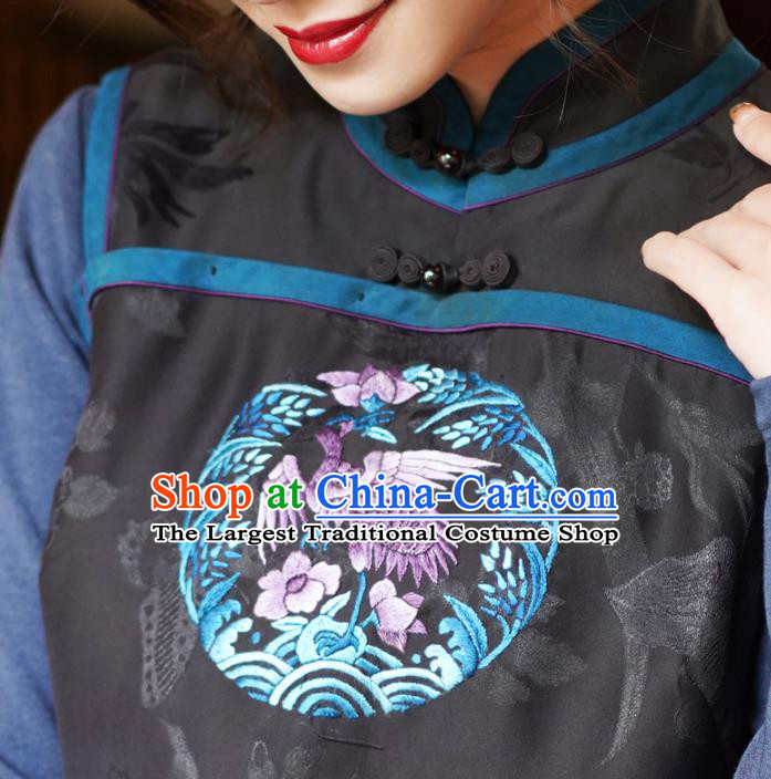 Chinese Classical Embroidered Black Silk Vest National Women Tang Suit Waistcoat Upper Outer Garment