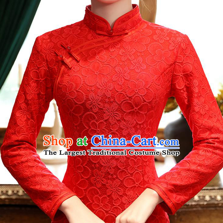 Chinese Classical Wedding Red Lace Qipao Dress Traditional National Costume Bride Cheongsam
