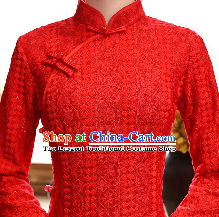 Chinese Bride Red Cheongsam Classical Wedding Qipao Dress Traditional National Toast Costume