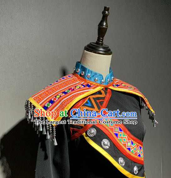 Chinese Hani Nationality Minority Folk Dance Costumes Yunnan Ethnic Woman Outfits and Tassel Hat