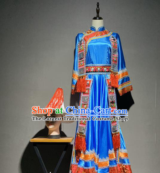 Chinese Yugur Nationality Minority Costumes Yunnan Ethnic Woman Folk Dance Blue Robe and Hat