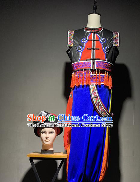 Chinese Zhuang Nationality Dance Costumes Guangxi Ethnic Minority Stage Performance Outfits Clothing and Headwear