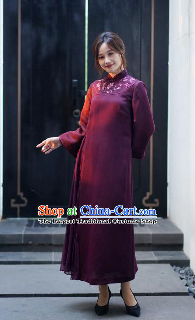 Republic of China Classical Embroidered Qipao Dress National Female Wine Red Silk Cheongsam