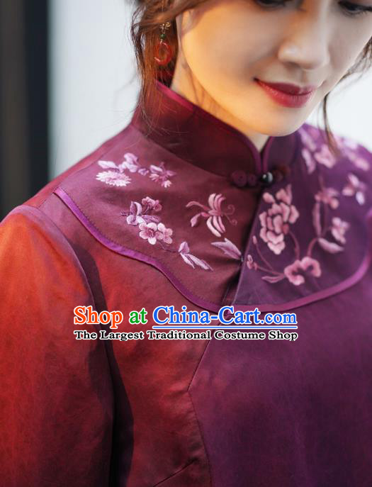 Republic of China Classical Embroidered Qipao Dress National Female Wine Red Silk Cheongsam