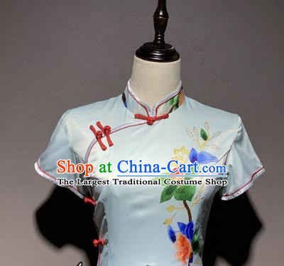 China Classical Dance Qipao Dress Printing Peony Silk Cheongsam Catwalks Stage Performance Costume