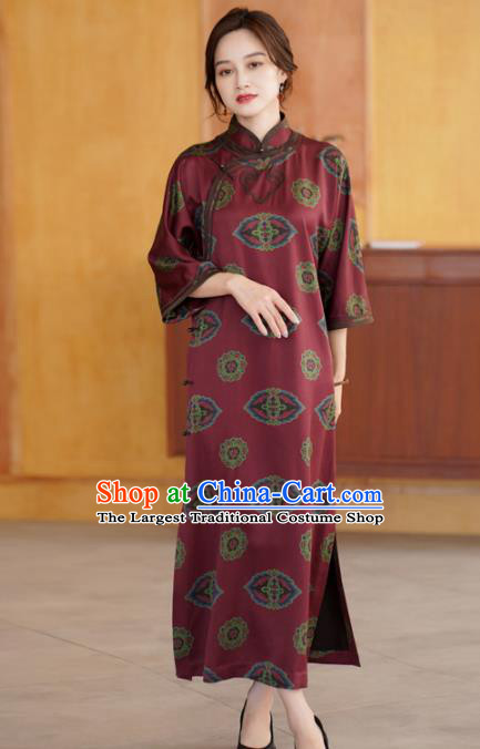 Republic of China Classical Dark Red Silk Cheongsam National Female Qipao Dress Costume