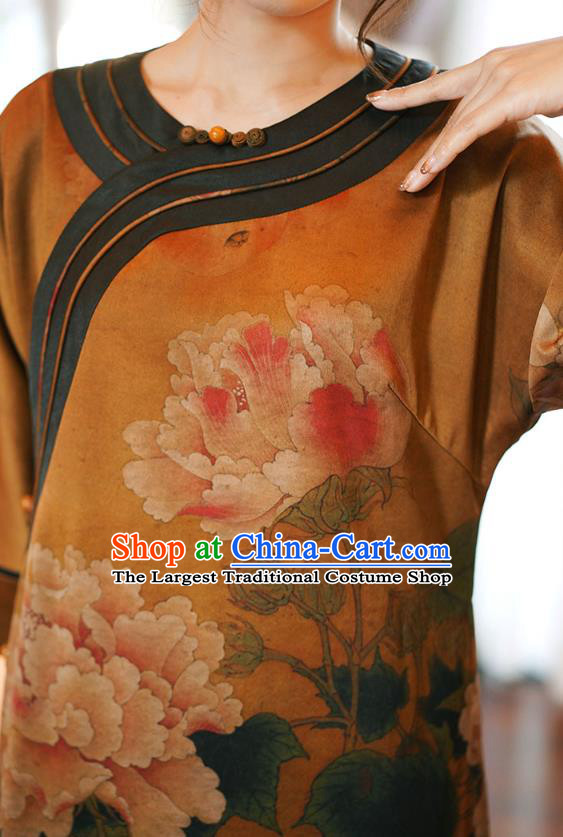 Republic of China National Young Lady Qipao Dress Costume Classical Printing Peony Ginger Silk Cheongsam