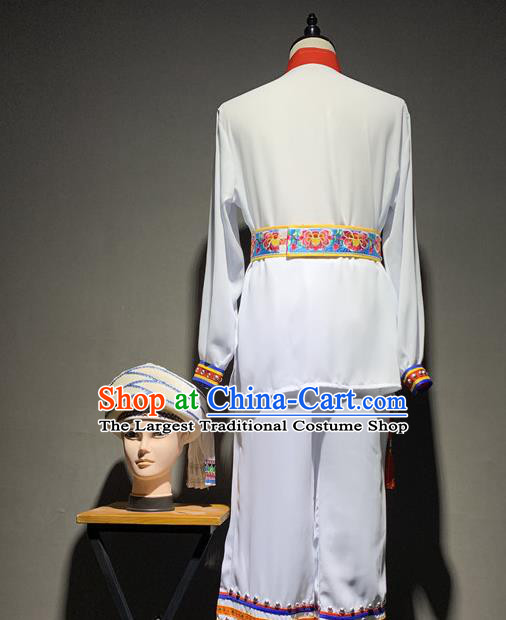 Chinese Bai Nationality Folk Dance Costumes Yunnan Ethnic Minority Bridegroom White Outfits and Hat