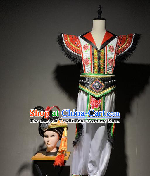 Chinese Miao Nationality Stage Performance Costumes Hmong Ethnic Minority Bridegroom Wedding Outfits and Hat