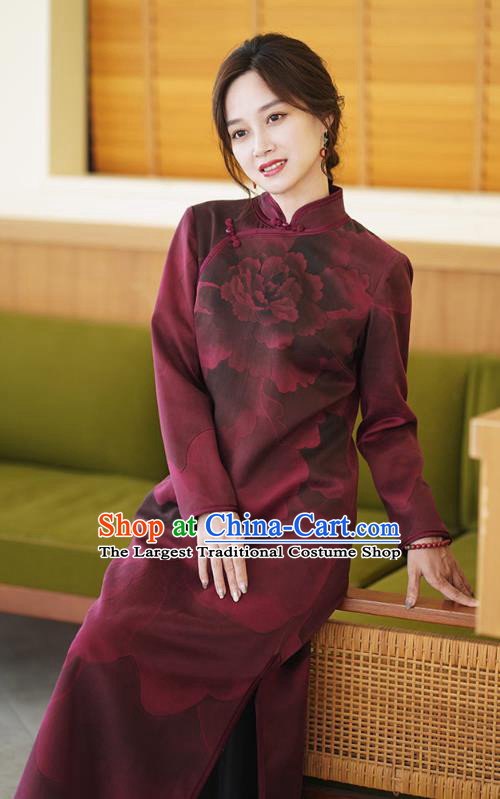 China Classical Peony Pattern Wine Red Silk Cheongsam Costume National Young Women Qipao Dress