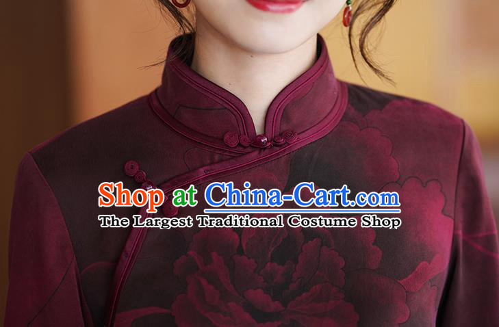 China Classical Peony Pattern Wine Red Silk Cheongsam Costume National Young Women Qipao Dress