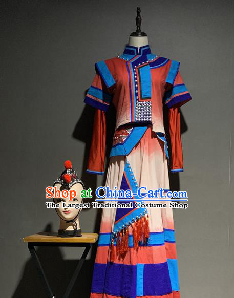 Chinese Yi Nationality Minority Wedding Costumes Ethnic Woman Folk Dance Clothing and Hair Accessories