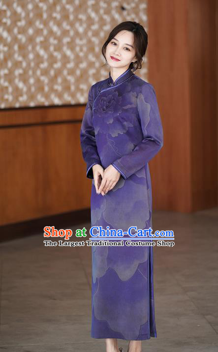 China National Young Women Modern Qipao Dress Classical Peony Pattern Purple Silk Cheongsam Costume