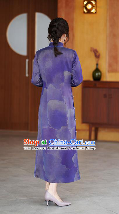 China National Young Women Modern Qipao Dress Classical Peony Pattern Purple Silk Cheongsam Costume