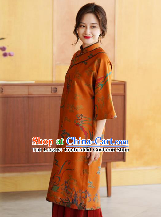 China Tang Suit Overcoat National Women Clothing Classical Goddess Pattern Orange Silk Long Gown
