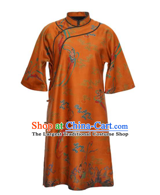 China Tang Suit Overcoat National Women Clothing Classical Goddess Pattern Orange Silk Long Gown