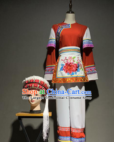 Chinese Bai Nationality Minority Costumes Yunnan Ethnic Young Woman Outfits Clothing and Hat