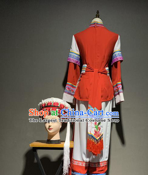 Chinese Bai Nationality Minority Costumes Yunnan Ethnic Young Woman Outfits Clothing and Hat