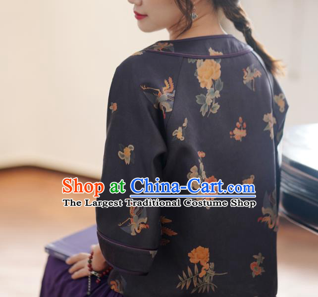 China National Women Clothing Classical Phoenix Peony Pattern Purple Silk Blouse Tang Suit Top Shirt