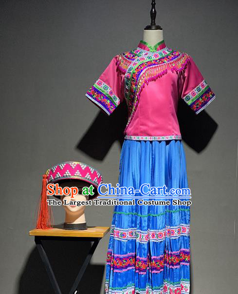 Chinese Yi Nationality Minority Young Lady Costumes Yunnan Ethnic Dance Outfits and Rosy Hat