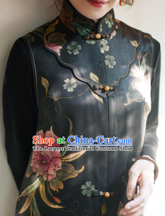 Chinese Classical Hand Painting Peony Black Silk Vest National Women Tang Suit Long Waistcoat