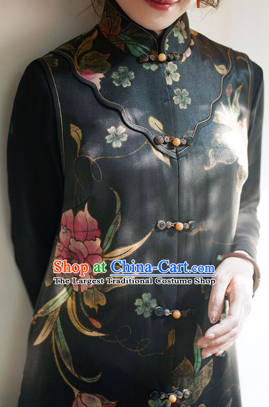 Chinese Classical Hand Painting Peony Black Silk Vest National Women Tang Suit Long Waistcoat