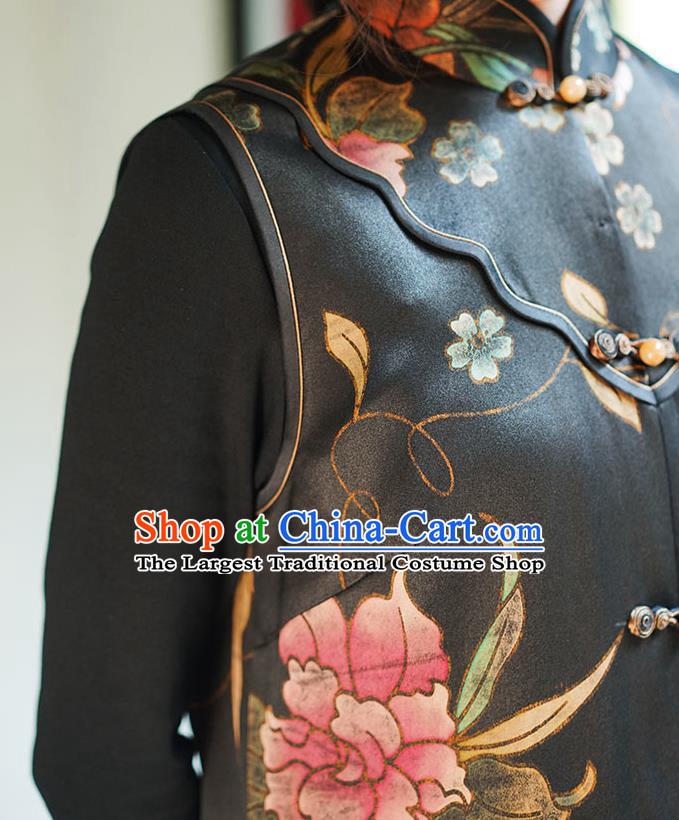 Chinese Classical Hand Painting Peony Black Silk Vest National Women Tang Suit Long Waistcoat