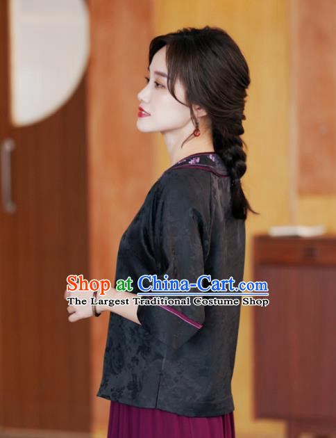 China Classical Embroidered Black Silk Blouse Tang Suit Top Shirt National Women Clothing