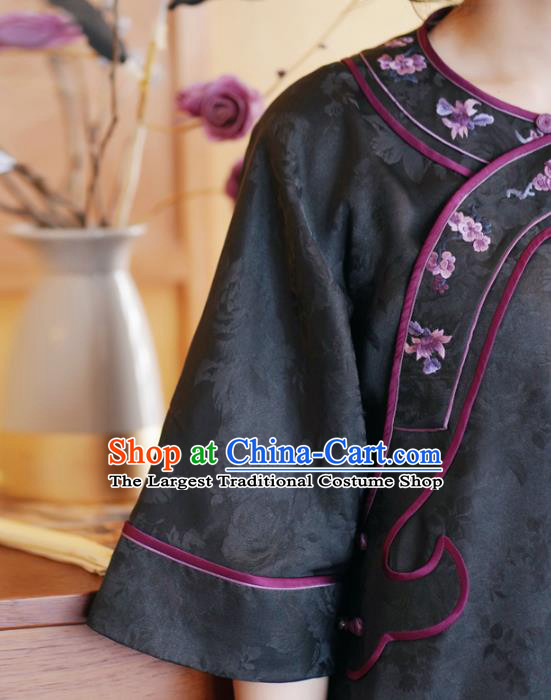 China Classical Embroidered Black Silk Blouse Tang Suit Top Shirt National Women Clothing