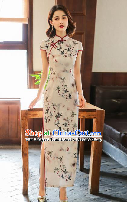 Chinese Traditional Stage Show Costume Classical Dance Cheongsam Classical Printing White Qipao Dress
