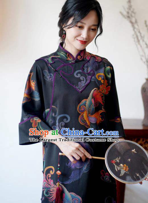 China National Young Women Gambiered Guangdong Gauze Long Qipao Dress Classical Phoenix Pattern Black Silk Cheongsam