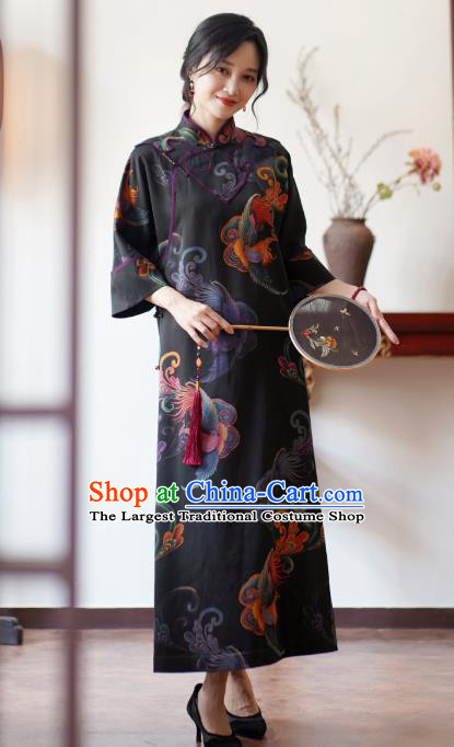China National Young Women Gambiered Guangdong Gauze Long Qipao Dress Classical Phoenix Pattern Black Silk Cheongsam
