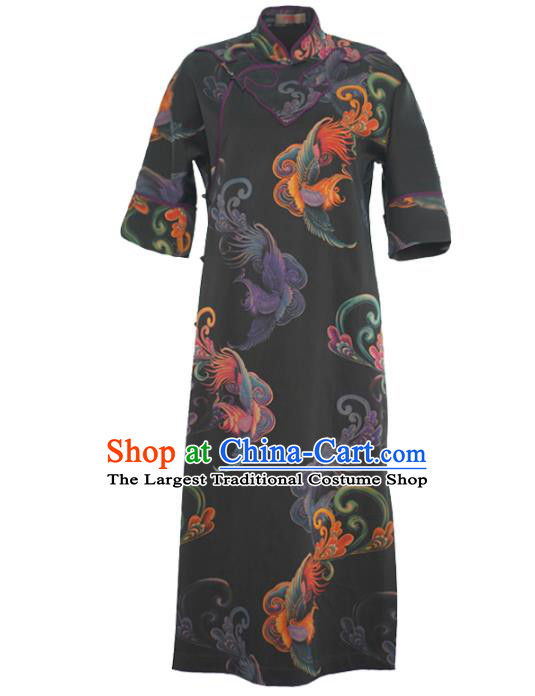China National Young Women Gambiered Guangdong Gauze Long Qipao Dress Classical Phoenix Pattern Black Silk Cheongsam