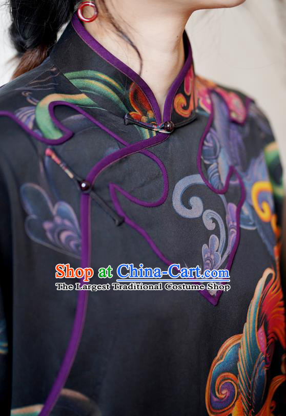 China National Young Women Gambiered Guangdong Gauze Long Qipao Dress Classical Phoenix Pattern Black Silk Cheongsam