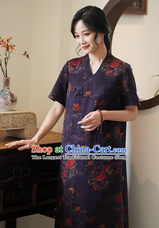 China Classical Purple Silk Cheongsam Dress National Slant Opening Long Qipao