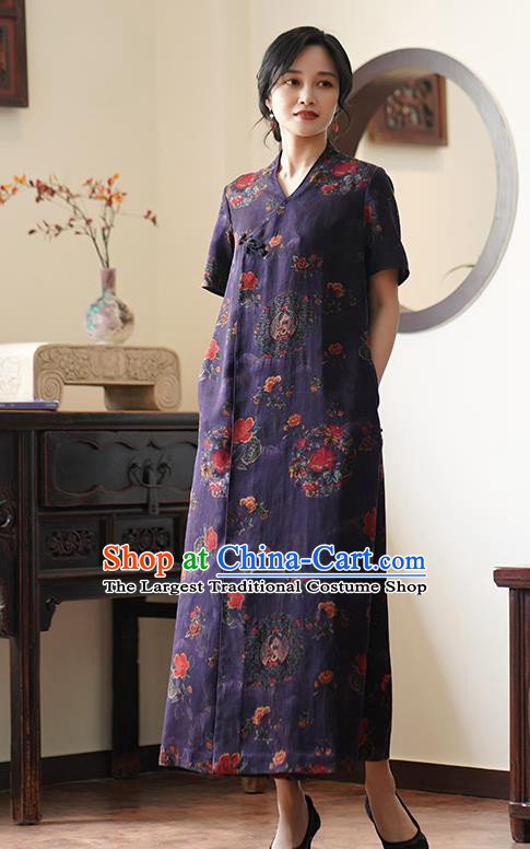 China Classical Purple Silk Cheongsam Dress National Slant Opening Long Qipao