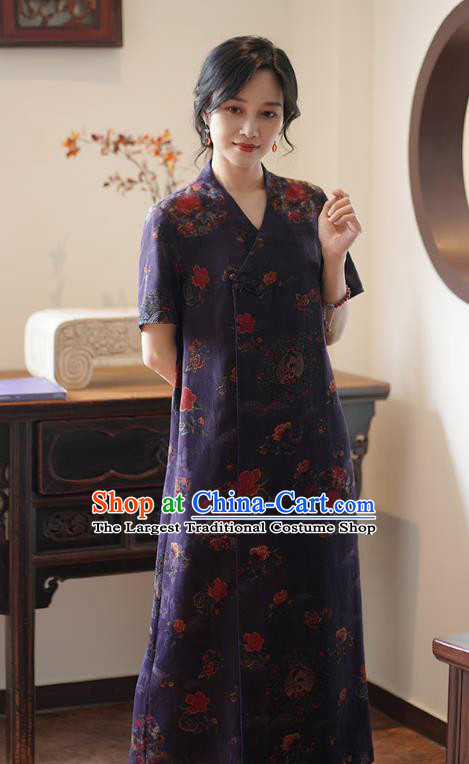 China Classical Purple Silk Cheongsam Dress National Slant Opening Long Qipao