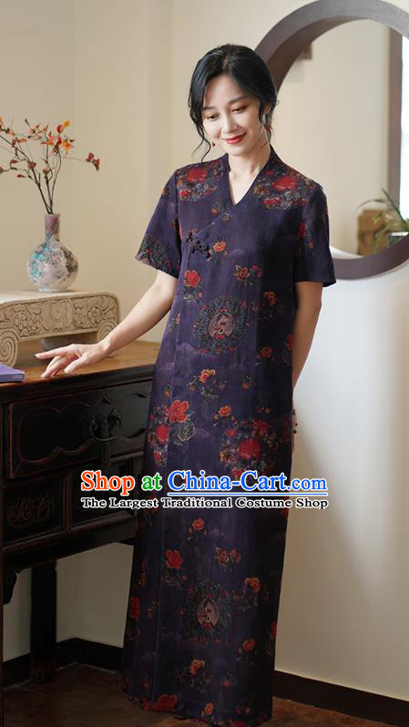 China Classical Purple Silk Cheongsam Dress National Slant Opening Long Qipao