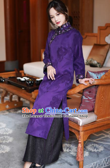 Republic of China National Female Purple Silk Cheongsam Classical Embroidered Qipao Dress