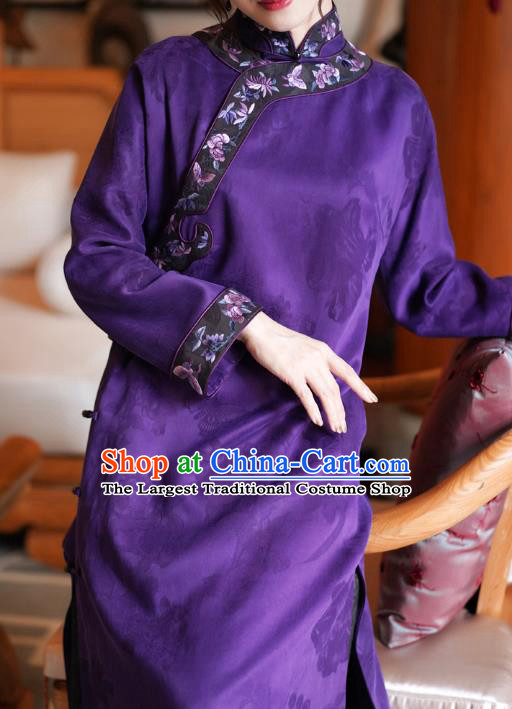 Republic of China National Female Purple Silk Cheongsam Classical Embroidered Qipao Dress