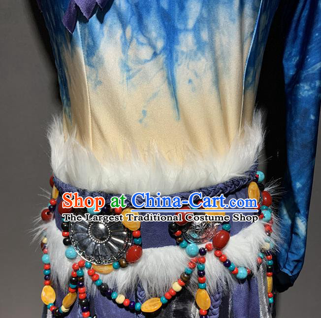 Chinese Zang Nationality Minority Female Costumes Tibetan Ethnic Folk Dance Outfits and Hair Accessories