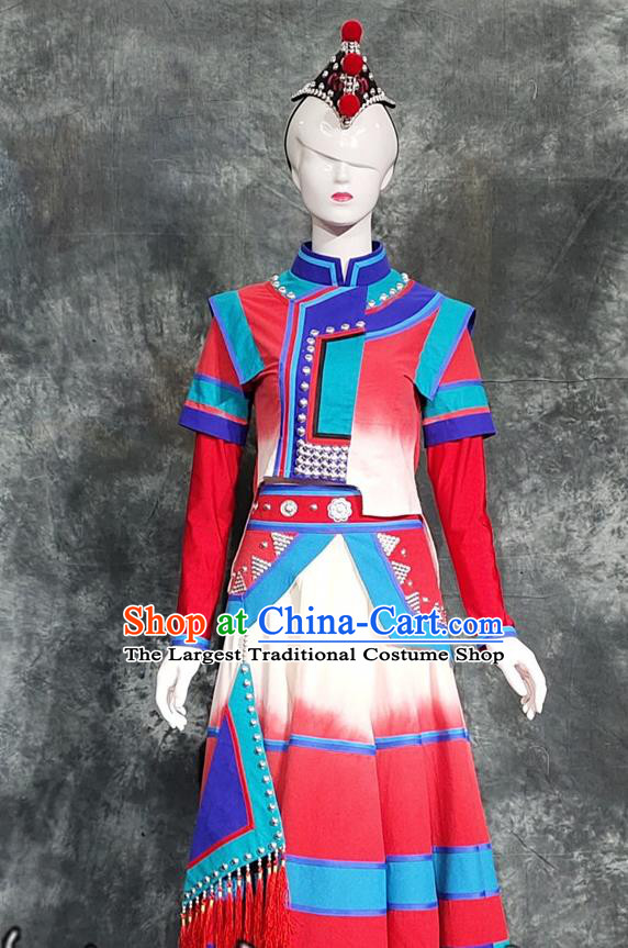 Chinese Qiang Nationality Woman Wedding Costumes Yunnan Ethnic Minority Stage Performance Red Dress and Hair Accessories