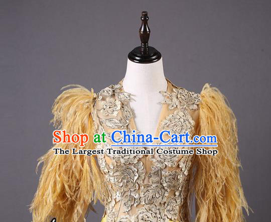 Top Grade Party Compere Yellow Feather Full Dress Catwalks Modern Dance Costume